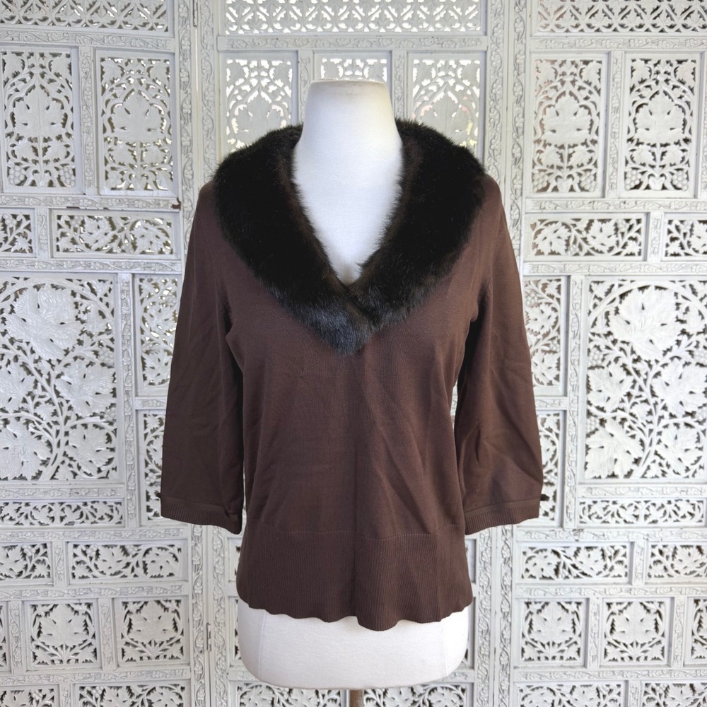 Vtg Chocolate Brown Silk Blend Faux Fur Collar Knit Blouse Sz Large Old Money